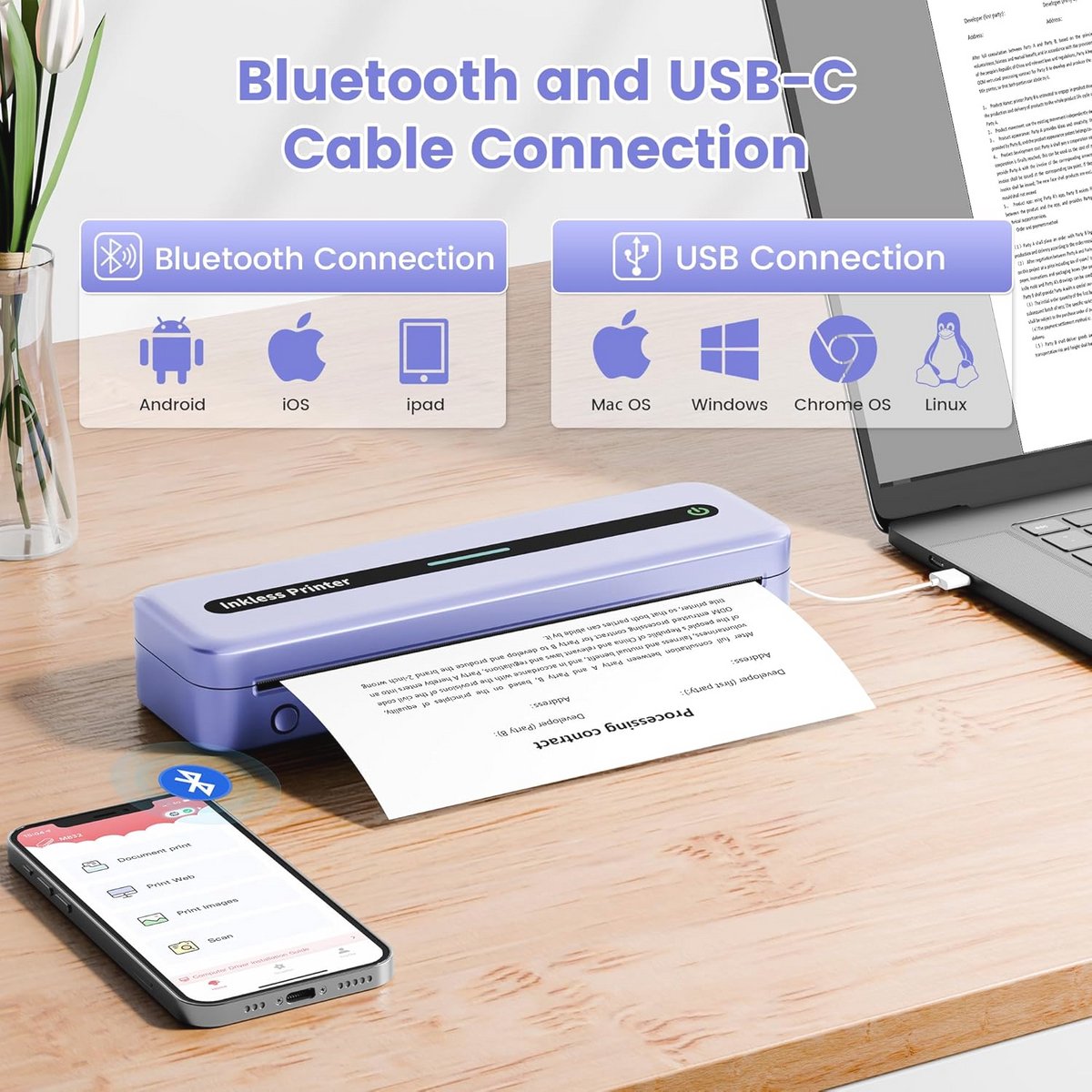 Thermische A4 Bluetooth-printer zonder inkt voor kantoor en thuis