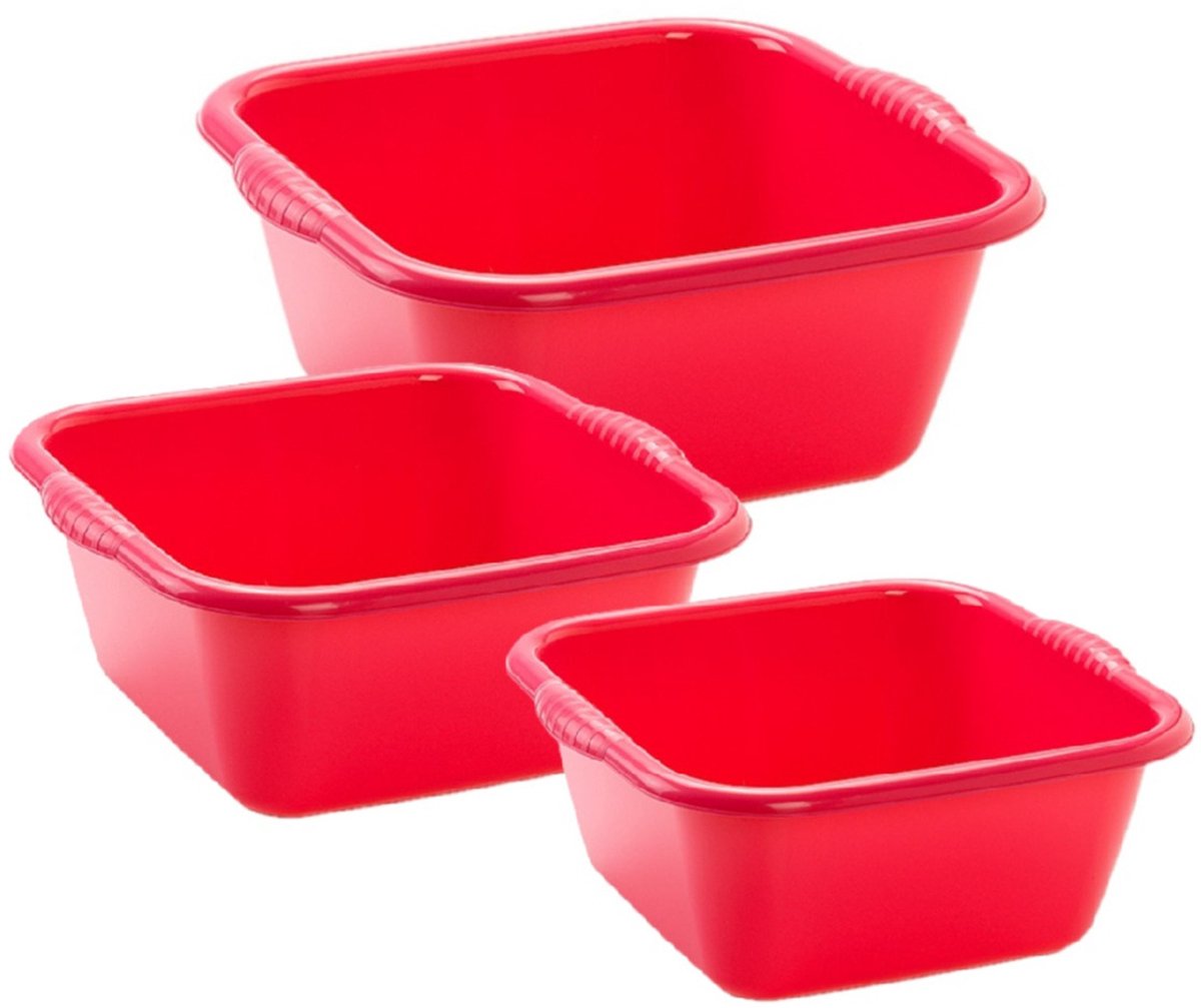 Plasticforte 3x huishoud teilen set - afwasbak - kunststof - 6-10-15 liter - rood - schoonmaken