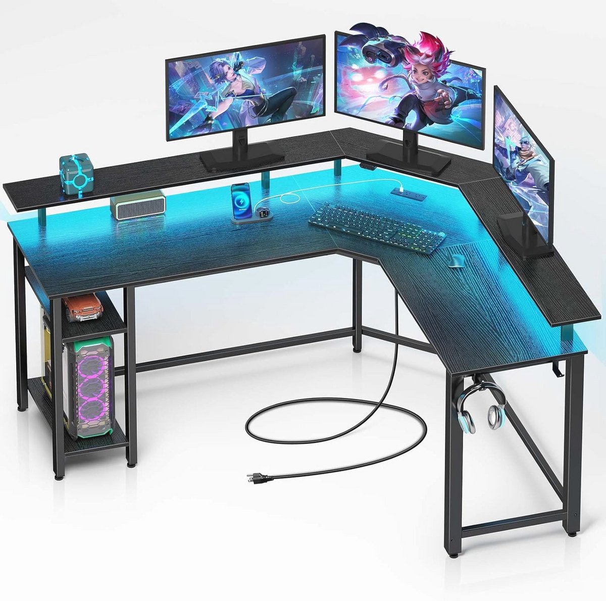 Rolanstar L-vormige gamingbureau met LED-verlichting, stopcontacten, hoekcomputerbureau met opbergplanken - pc-schrijftafel voor thuiskantoor, zwart (135 x 118 x 87 cm)