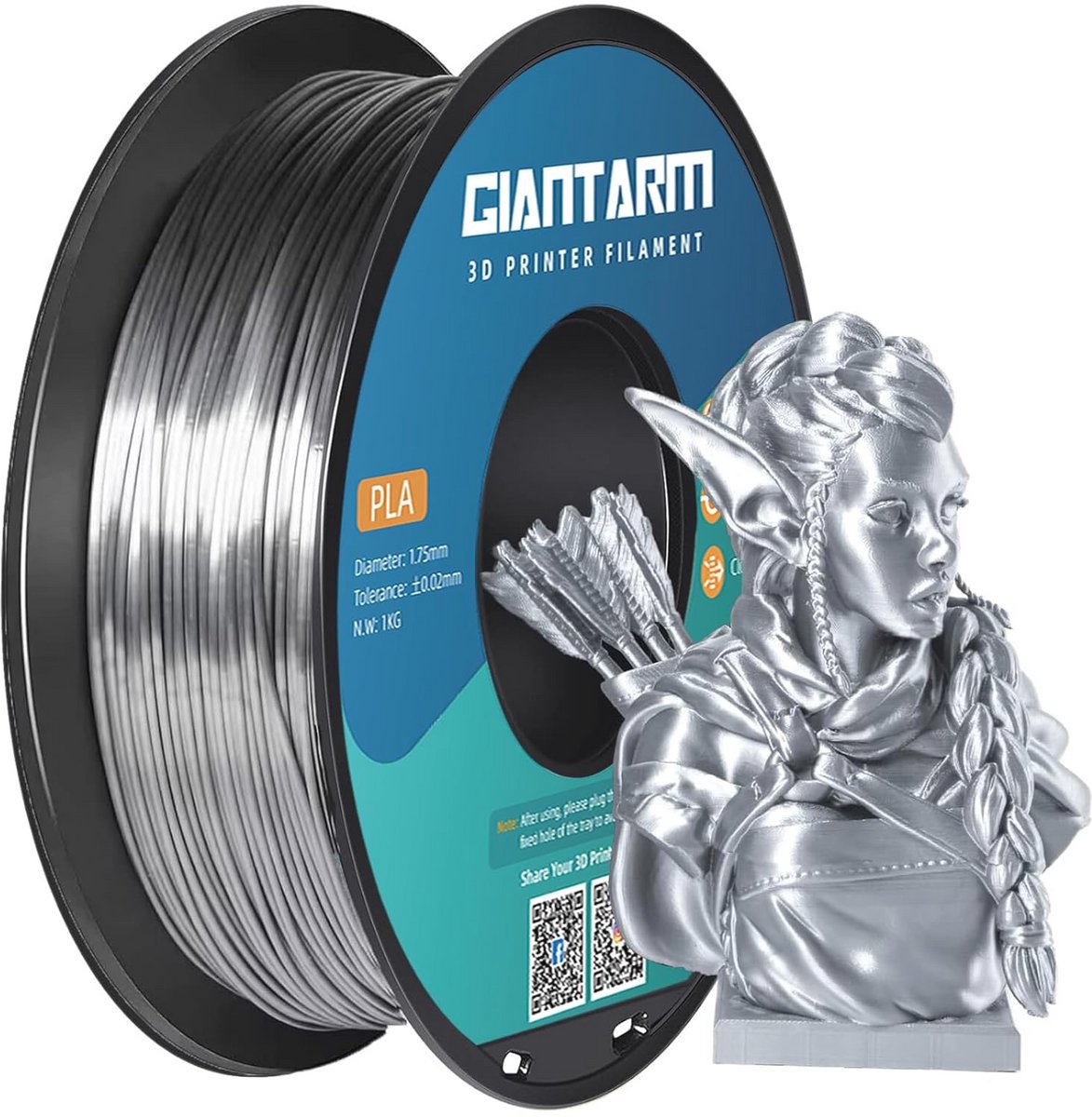 Zijden 3D-printerfilament 1,75 mm - 335 m/rol, 1 kg, vacuümverpakt, zonder warping
