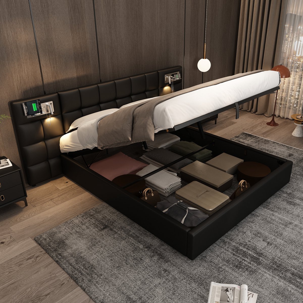 REDOM Luxe Opbergbed met Gasveer (180x200) - Zwart PU Leer met Draadloos Laden, USB & Lees