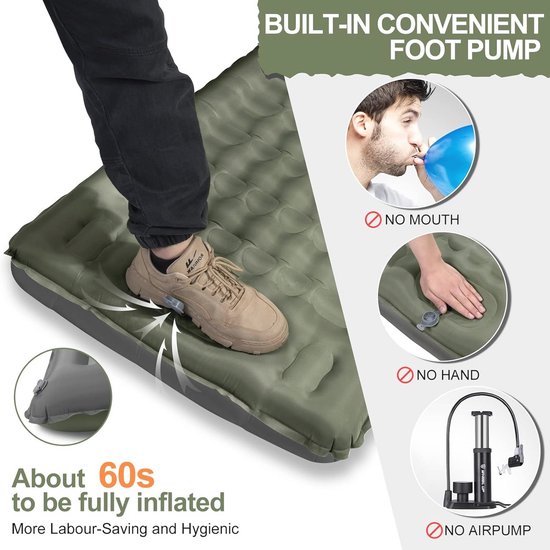Zelfopblazende Slaapmat 12 cm - Compact en Waterdicht Luchtbed met Ingebouwde Voetpomp en Kussen voor Kamperen, Wandelen en Trekking — afbeelding 2