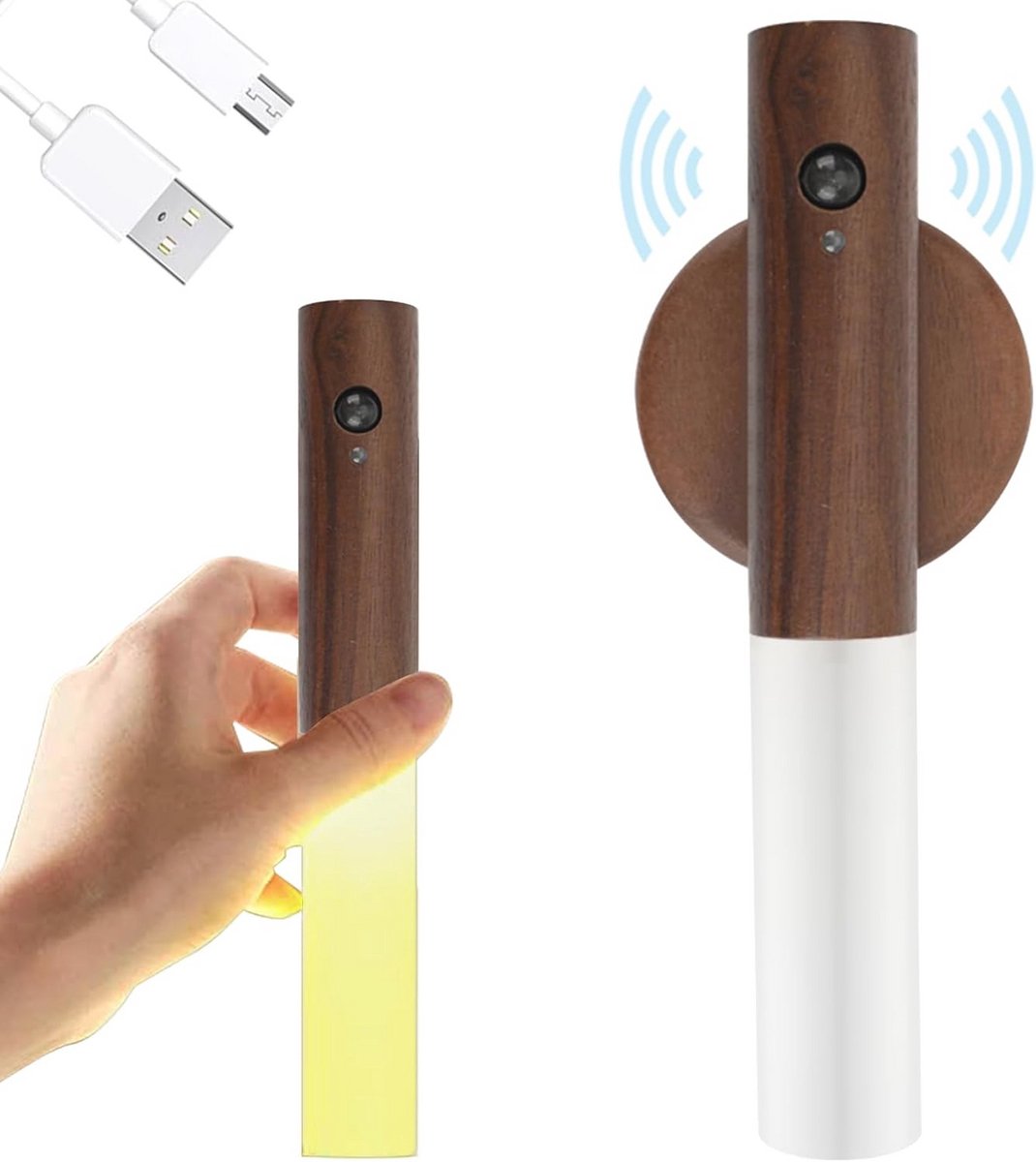 Houten wandlamp met bewegingssensor - Oplaadbaar en draadloos nachtlampje voor slaapkamer en kinderkamer