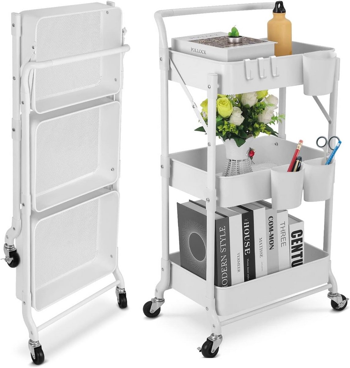 Opvouwbare 3 Tier Metaal Trolley - Multifunctionele Opslagkar voor Thuis en Kantoor