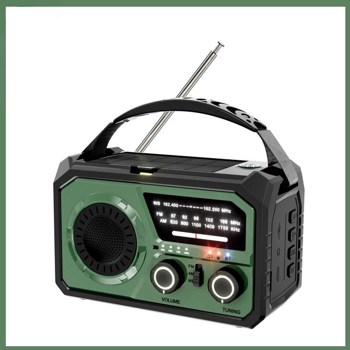 Radio - noodradio solar opwindbaar - Noodradio - Opwindbare radio - Multifunctionele buitenradio - Donkergroen - 16000 mAh - ABS