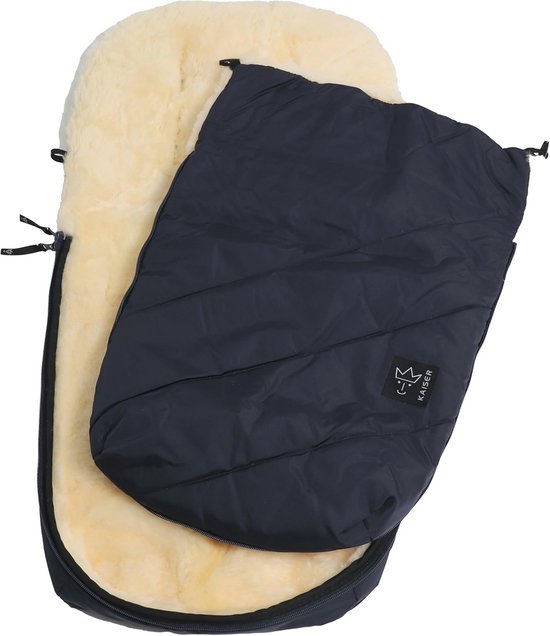 Voetenzak voor kinderwagen en buggy van echte lamsvacht, marineblauw, met ritssluiting — afbeelding 3