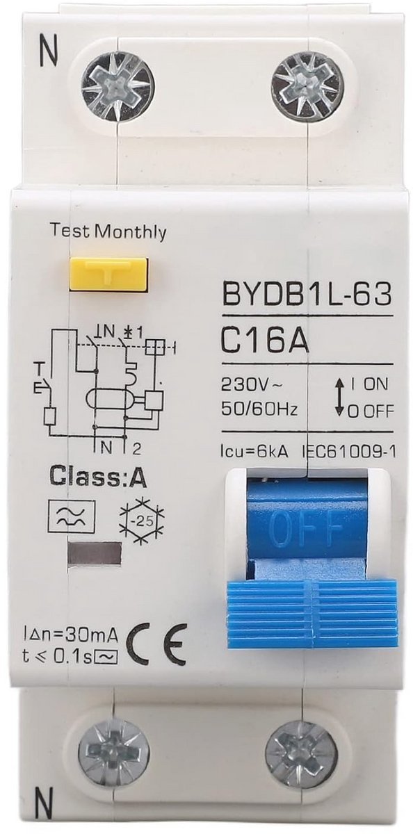 Residual Circuit Breaker 30mA 16A 1P N for Overload Protection in Residential Lighting and Solar Systems