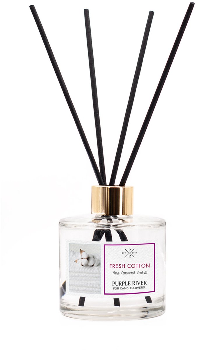 Purple River Candle Geurstokjes - fris katoen - glazen fles - met rietstokjes - langdurige geur