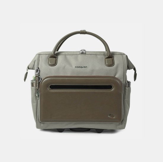 Grijze reistrolley tas met bruine details, handvatten en een voorvak.