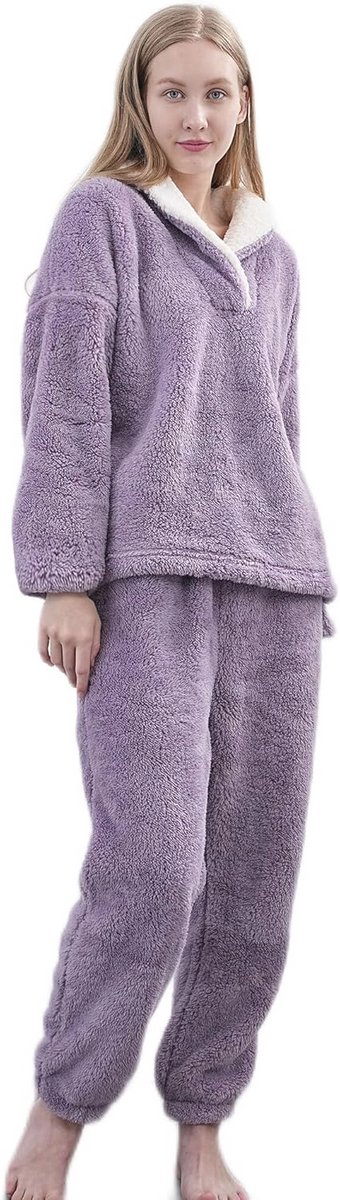 Dames zachte coral fleece pyjama 2-delige set voor warme loungewear