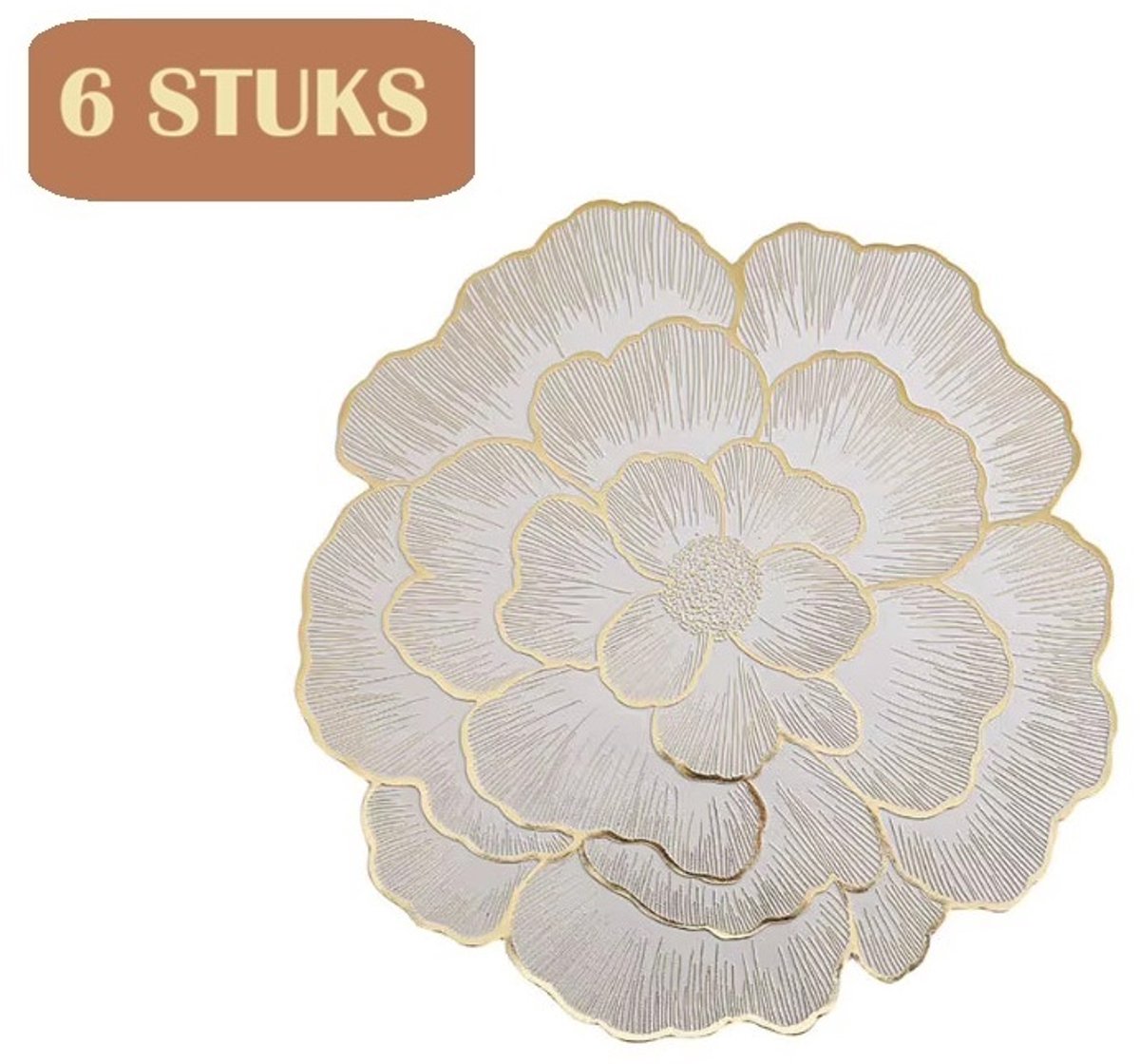 6 Stuks - Ronde Placemat met Bloemdesign – Goud/Wit – Antislip - PVC – Ø38 cm – Bloem placemat - Gouden Placemat - Luxe Tafeldecoratie