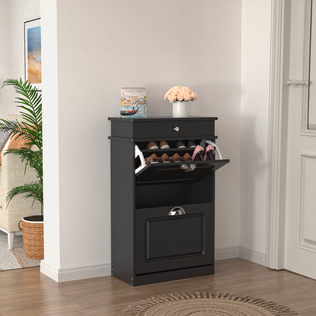 PIPIPOXER- Schoenenkast met 2 kleppen - Schoenenbank - Schoenenrek -53x22x85cm, Zwart