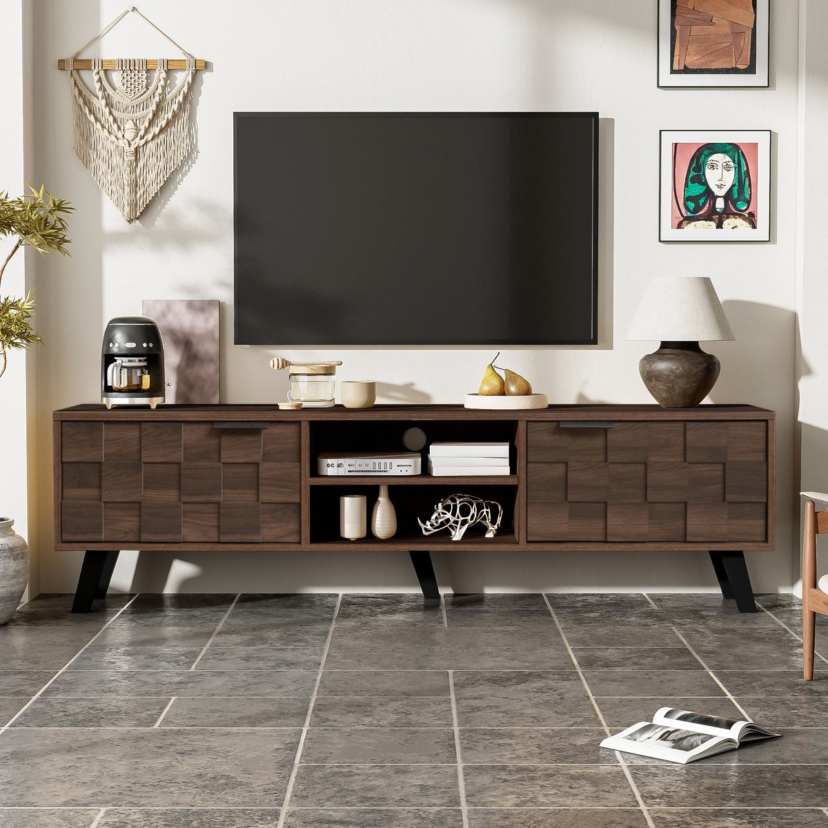 MODFU TV-meubel 160,5 x 35,5 x 45 cm van spaanplaat, met deuren en open vakken, houtkleurig