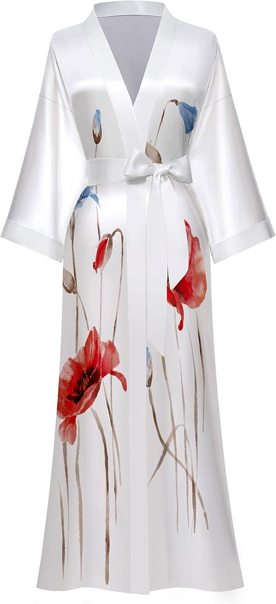 Lange Satijnen Kimono Dames met Bloemenprint - Zijdezachte Badjas