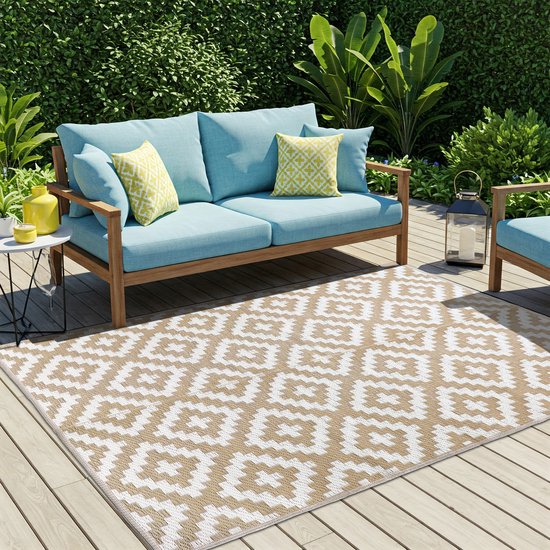 Tapiso Ibiza Buitenkleed Beige Outdoor Vloerkleed Buitenmat Voor Balkon Terras Picknickkleed Maat- 180x270
