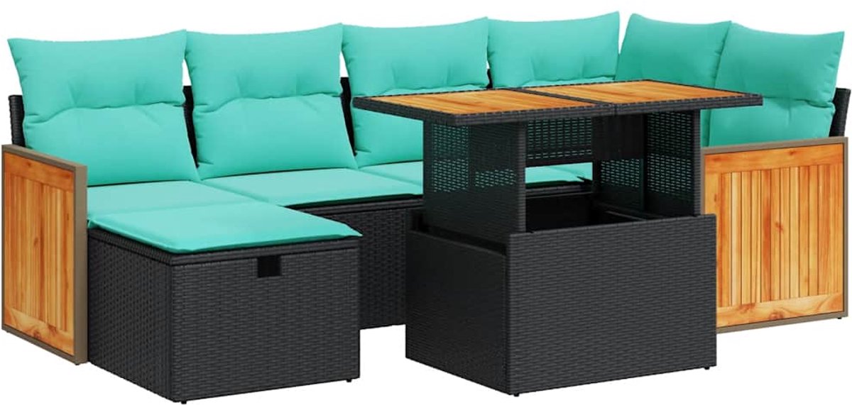 vidaXL 7-delige - Loungeset - met - kussens - poly - rattan - acacia - bruin zwart