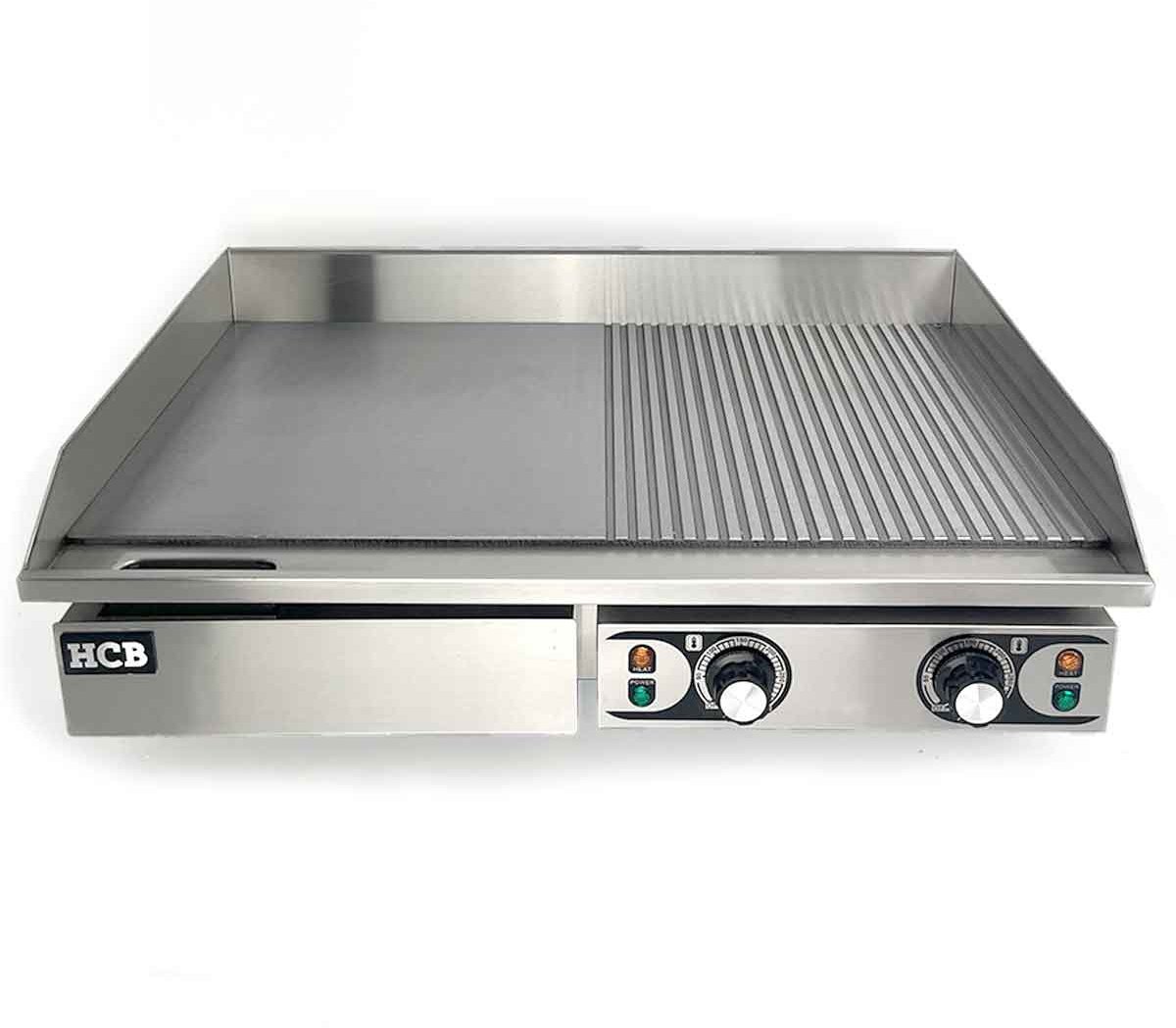 HCB® - Professionele Horeca Bakplaat 1/2 geribbeld - 2 x 230V - RVS / INOX - Electrisch Grill apparaat - 47x73x25 cm (DxBxH) - 23 kg - 2573