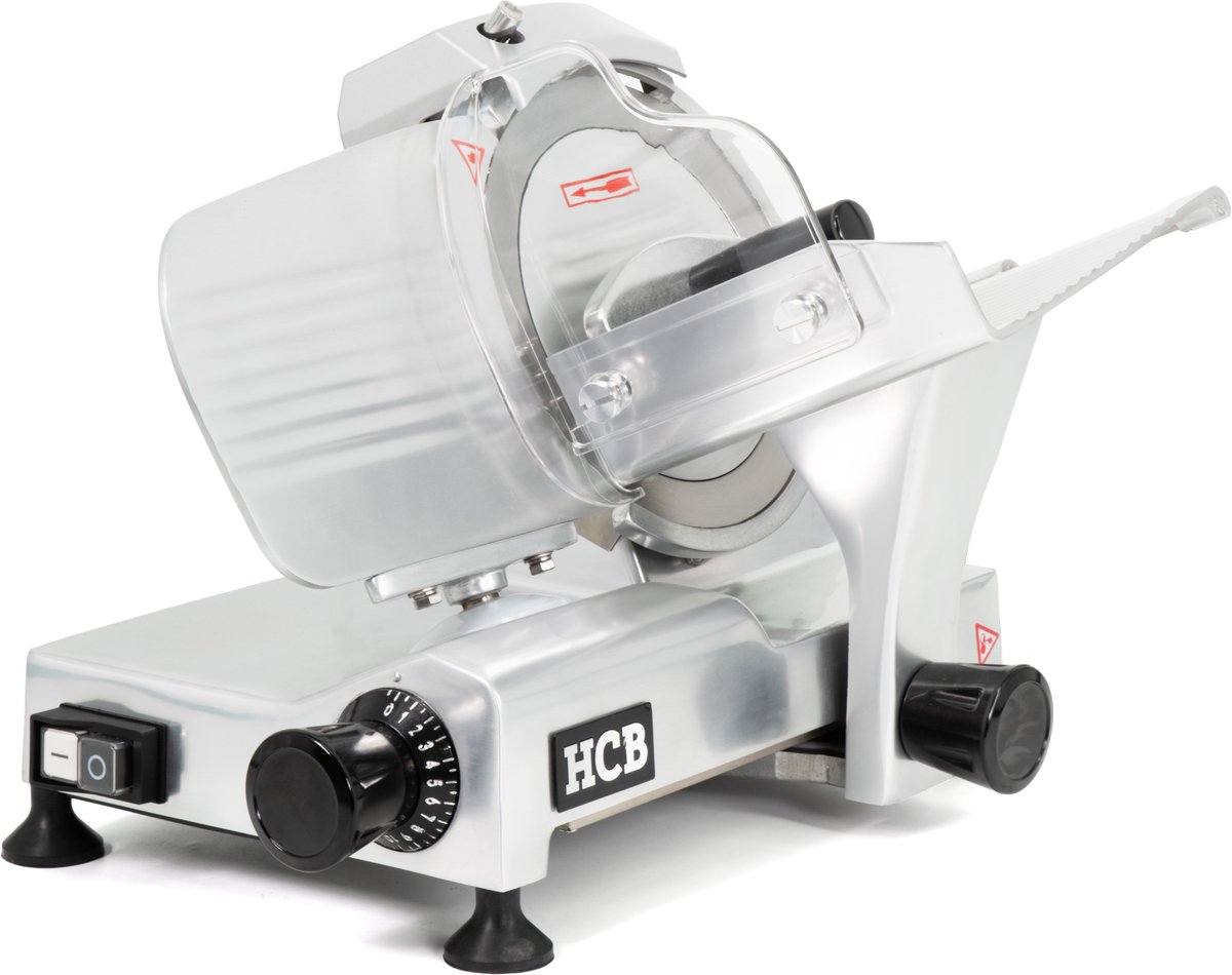HCB® - Professionele Horeca Snijmachine - 195 mm - RVS / INOX - 230V - Allessnijder - Vleeswaren - Groenten - Vleessnijmachine - 35.5x26.5x32.5 cm (DxBxH) - 12 kg - 2510