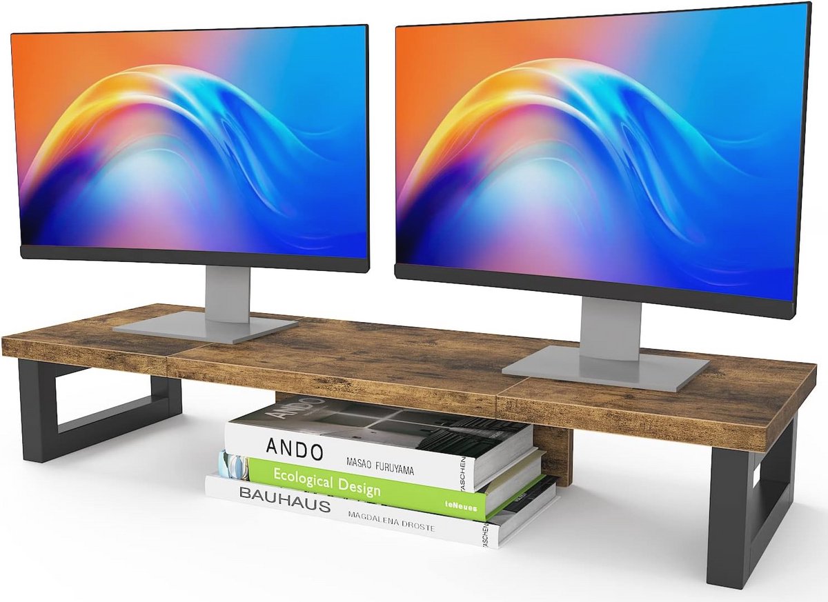 Dubbele Monitor Stand - Stabiele Monitorverhoger voor 2 Monitoren met Multifunctionele Opslag voor Bureau