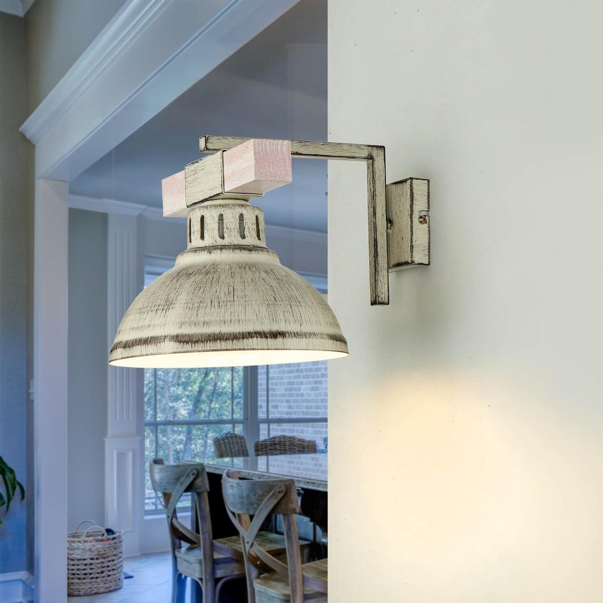 Wandlamp landelijke stijl HAKON shabby wit hout metaal E27 rustiek industriële lichtarmatuur