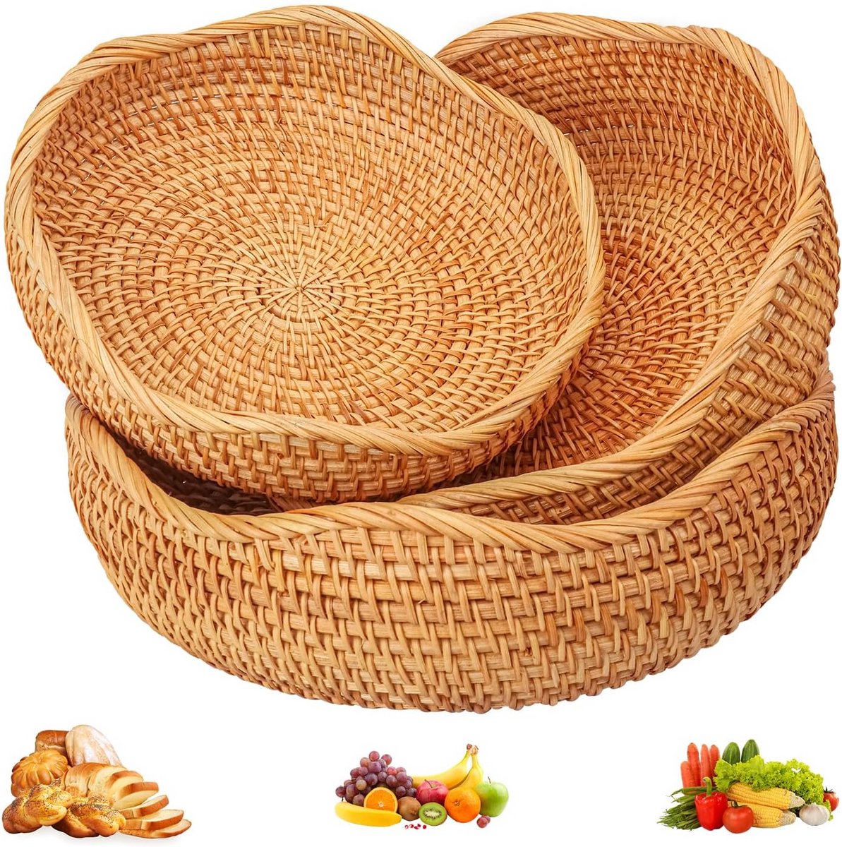 Set van 3 handgemaakte rotan broodmanden in verschillende maten - natuurlijke rustieke manden voor brood, fruit en tafeldecoratie