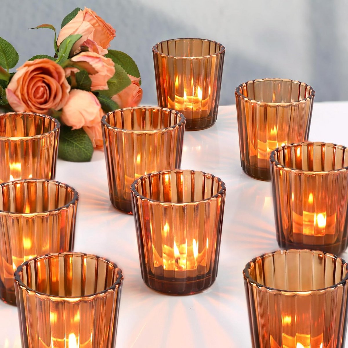24 Stuks Vintage Geribbelde Amber Votive Kaarsenhouders – Theelichtjes voor Boho Home Decor, Herfst & Kerst Decor, Bruiloft Centerpieces