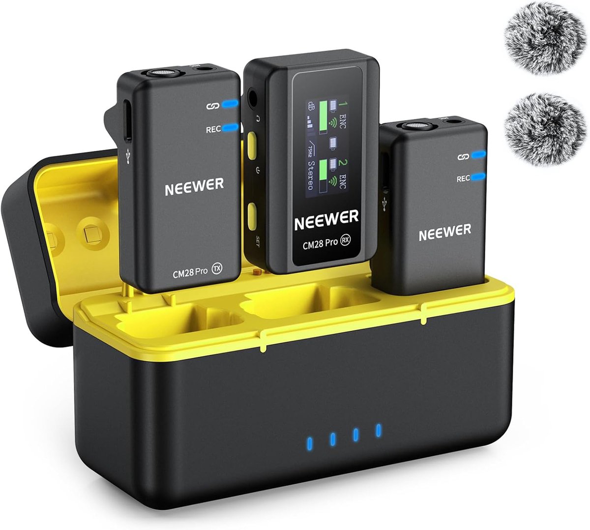 NEEWER CM28 PRO draadloos lavalier-reversmicrofoonsysteem met oplaadcase 48 kHz 16 bit ongecomprimeerde audio Ruisonderdrukking 4 GB geheugen 9 uur opnametijd Compatibel met iPhone, iPad, Android, camera en pc