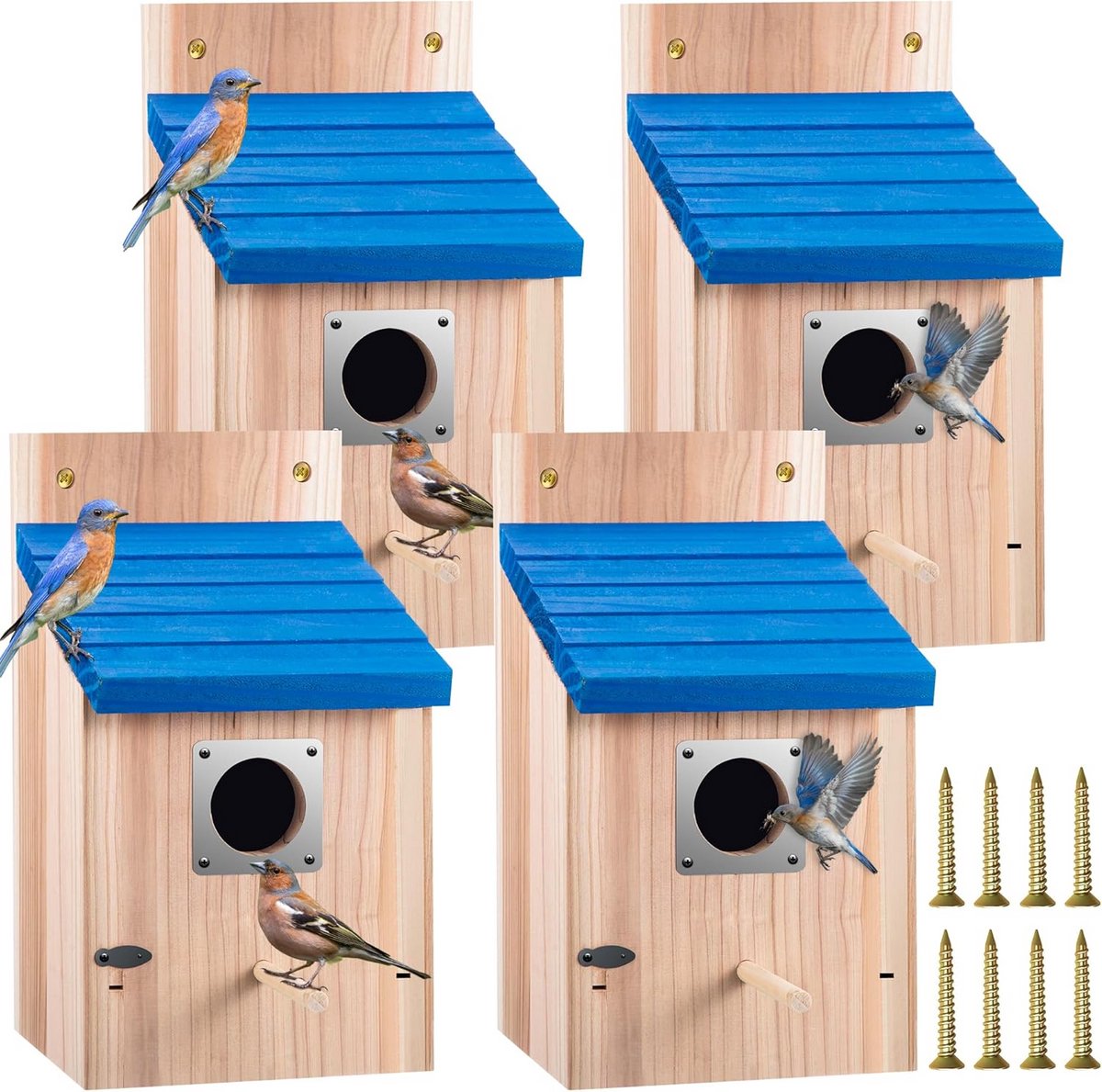 4x Houten Vogelhuisjes Buiten met Metalen Bescherming en Veilige Sluiting - Ideaal voor Blauwe Sijzen, Winterkoninkjes en Zwaluwen