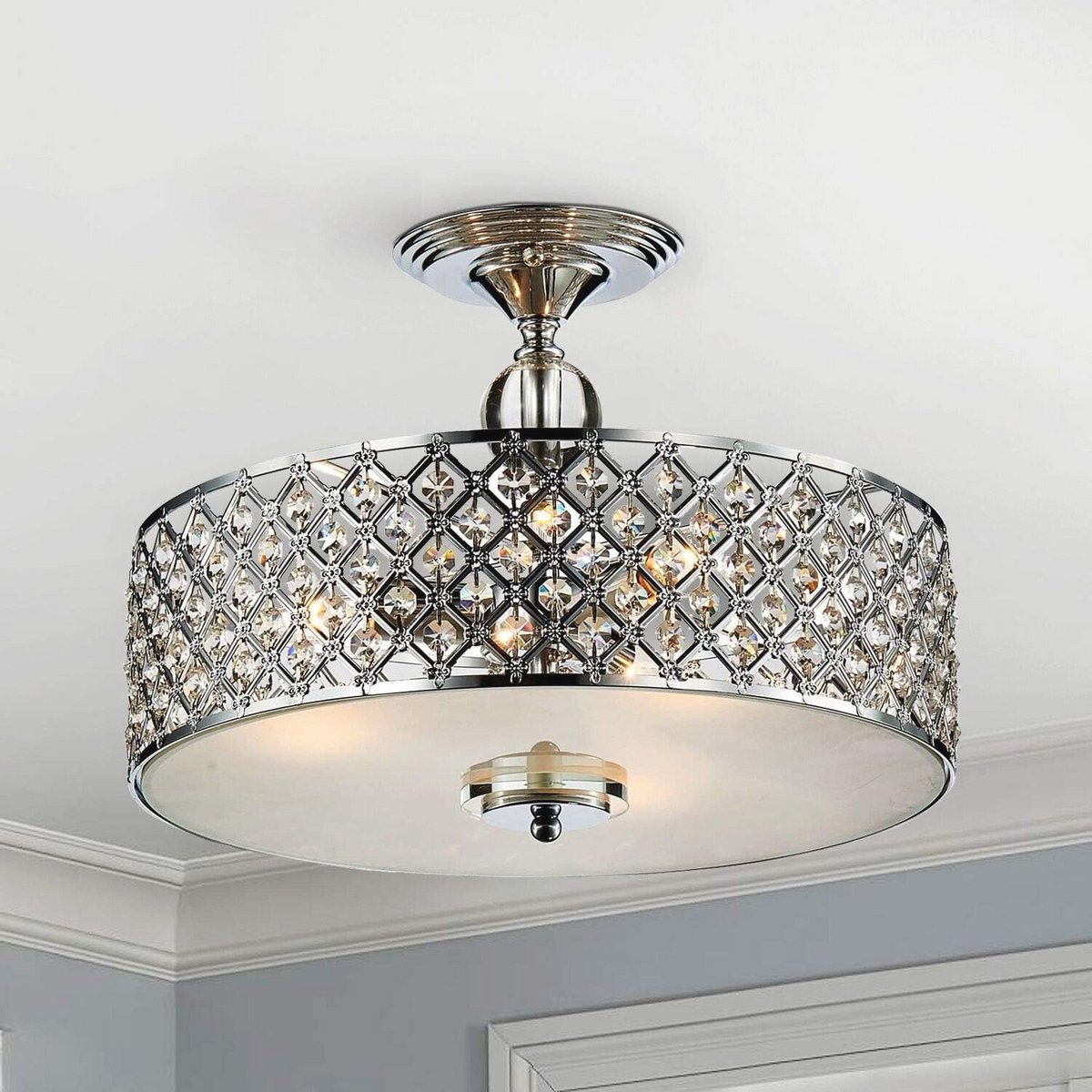 Moderne kristallen plafondlamp voor woonkamer en slaapkamer - chroom en metalen lampenkap,