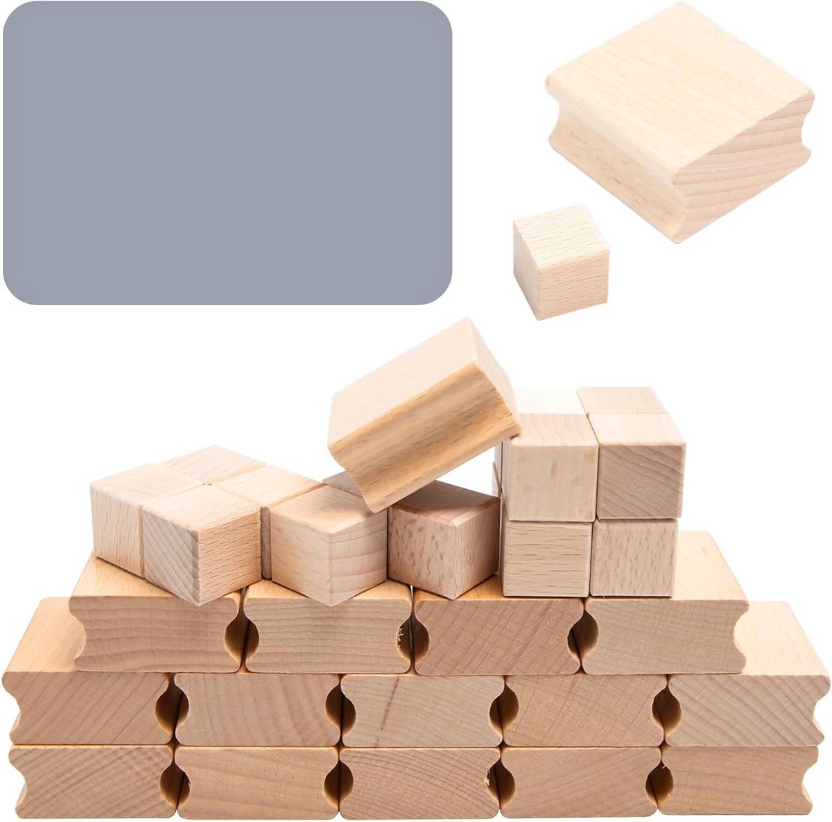 Allecta - Hardhouten stempels (30 stuks) onbewerkt hout vierkant - Inclusief stempelhouder en stempelpad - Lasergravure - DIY knutselwerk