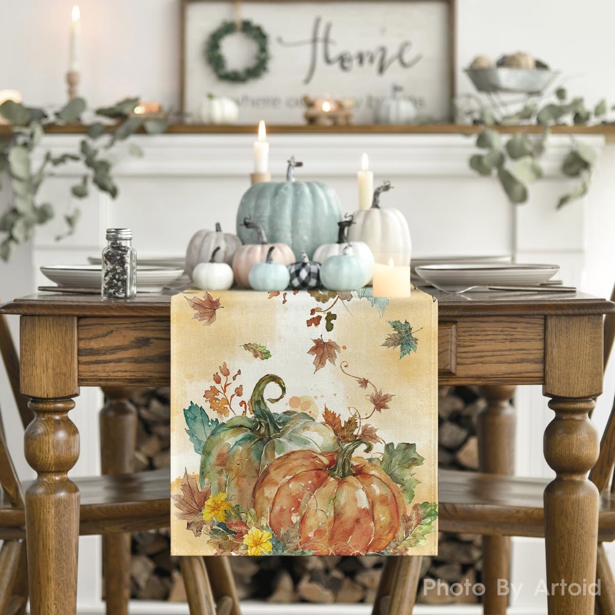 Tafelloper Herfst Aquarel met Bladeren en Pompoenen - Keuken & Woondecoratie