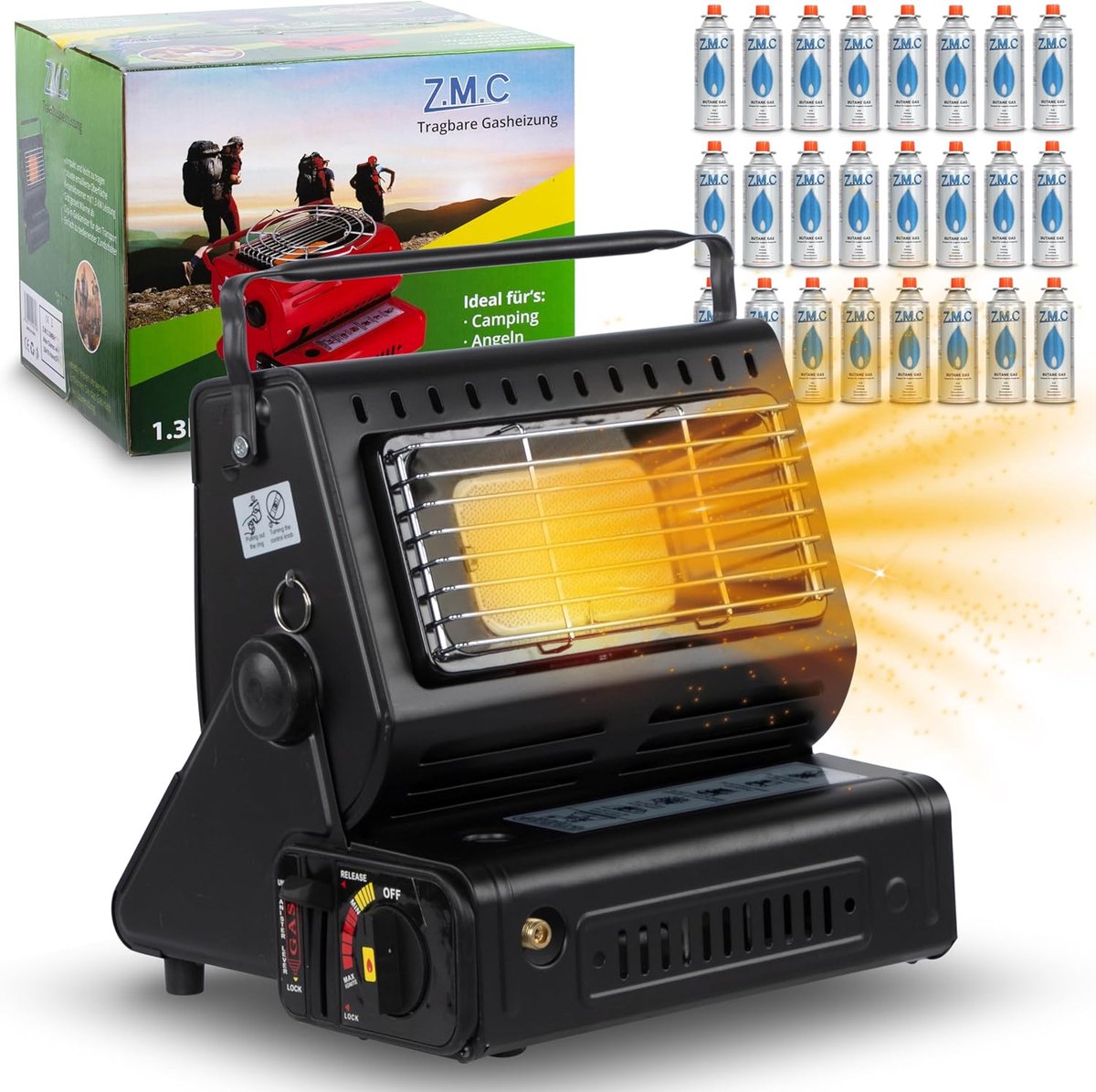 Z.M.C 2-in-1 draagbare gaskachel en gasfornuis + 24 gaspatronen 227 g, keramische campingkachel 1,7 kW, gaskachel voor buiten en terrassen, tuin & balkon, mobiele straalkachel met piëzo-ontsteking