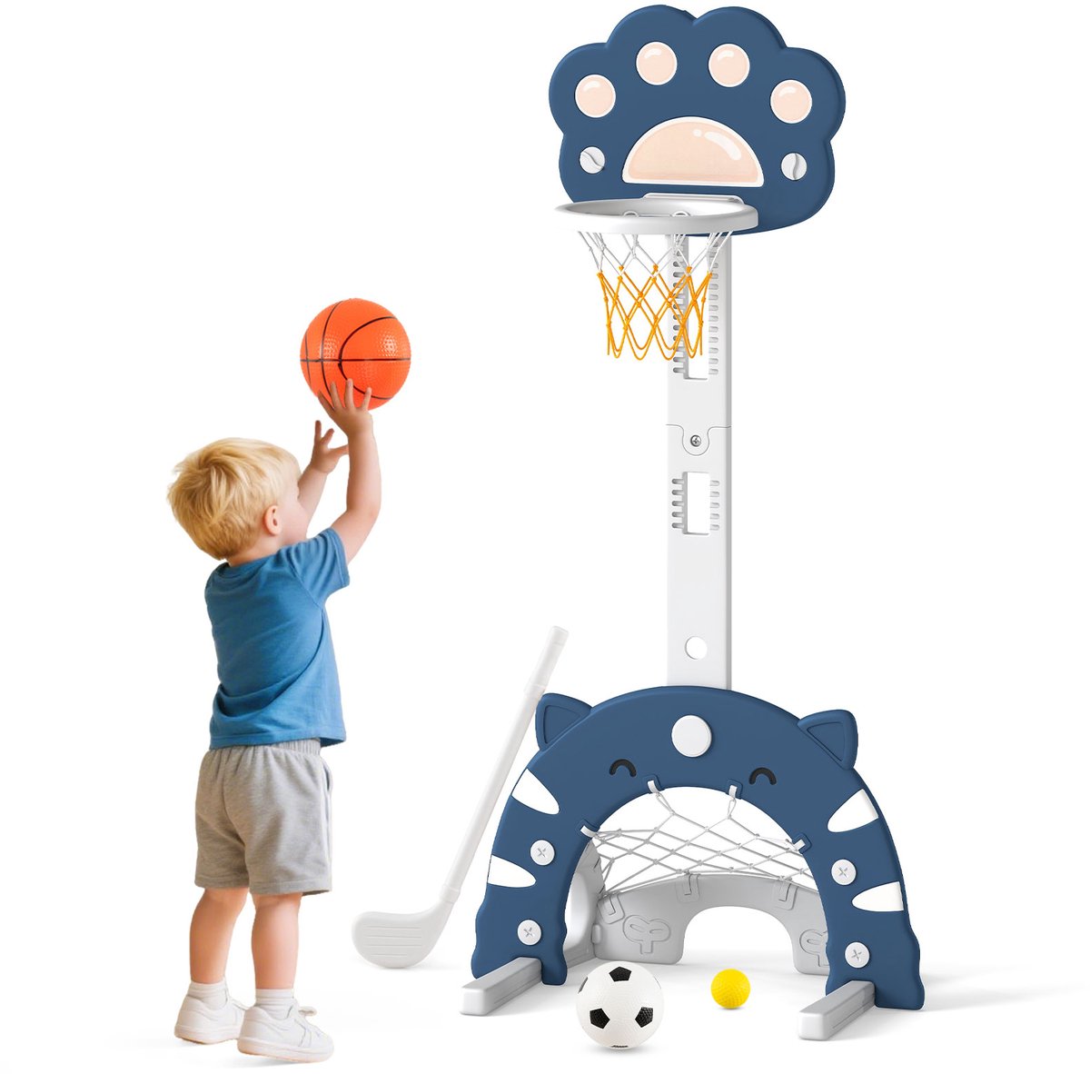 COSTWAY 3-in-1 basketbalkorf voor kinderen, basketbalstandaard met basketbal, voetbal en golfspel, binnen en buiten, basketbalspel met verstelbare hoogte en opvouwbare mand, voor kinderen vanaf 3 jaar