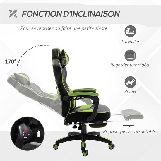 Ergonomische Gaming Stoel met Voetensteun en Kussens - In Hoogte Verstelbaar - Zwart Groen — afbeelding 4