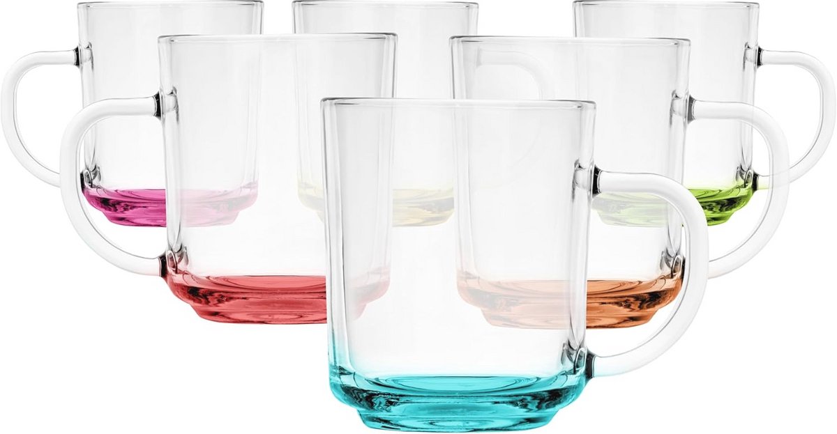 Set van 6 Kleurige Glas Mokken met Handvat - 230 ml Theeglazen