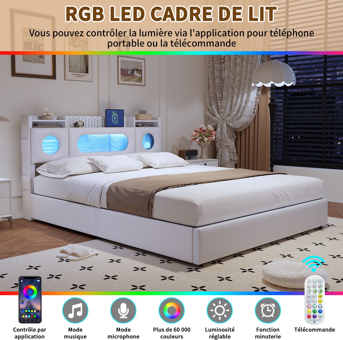 Gasveerbed 160x200 cm met LED-hoofdbord, USB en Type-C, opbergvak en opbergruimte onder het bed thumbnail 6