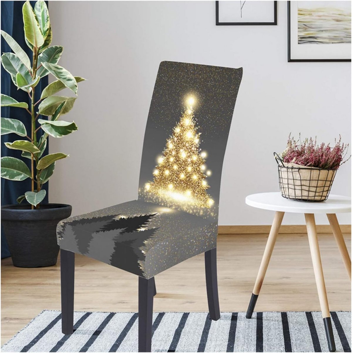 Feestelijke Kerst Stoelhoes - Afneembare en Wasbare Keukenstoel Bekleding in Grijs Goud