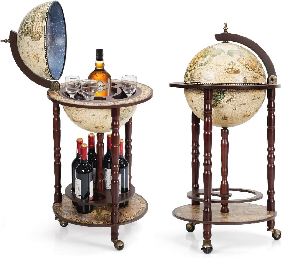 Globe Bar Trolley met 3 Wielen - Eucalyptus Houten Cocktailbar voor Thuis
