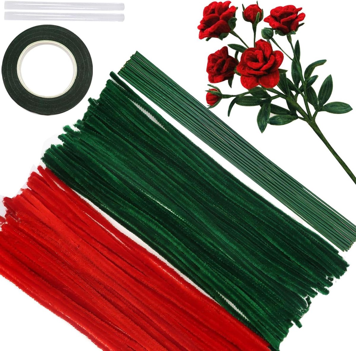 Allecta - Bloemenboeket Pijpenragers Set - Rode Rozen - Bloemdraad en Bloemenlint - Chenilledraad - Korenbloemen Decoraties - 200 stuks