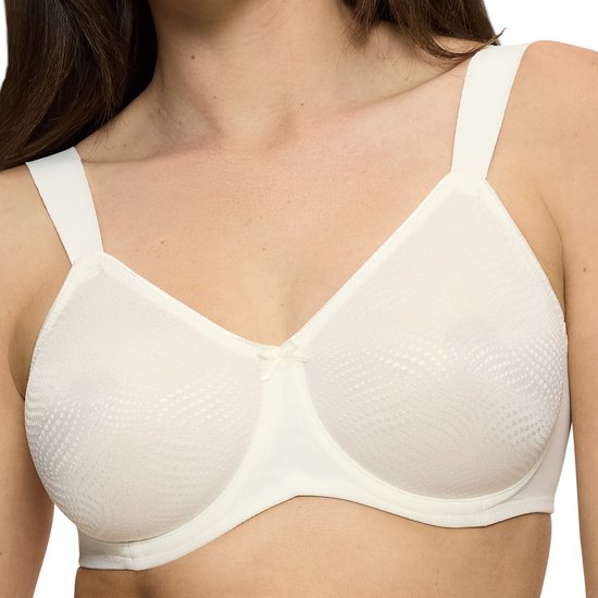 Soutien-gorge crème avec un motif ondulé, sur le devant d'un mannequin.