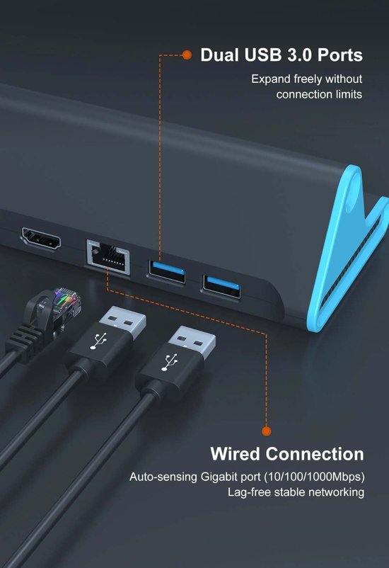 Zwarte docking station met oranje en blauwe accenten, met kabel erin gestoken. Toont de LAN-poort, twee USB 3.0 poorten en HDMI poort.