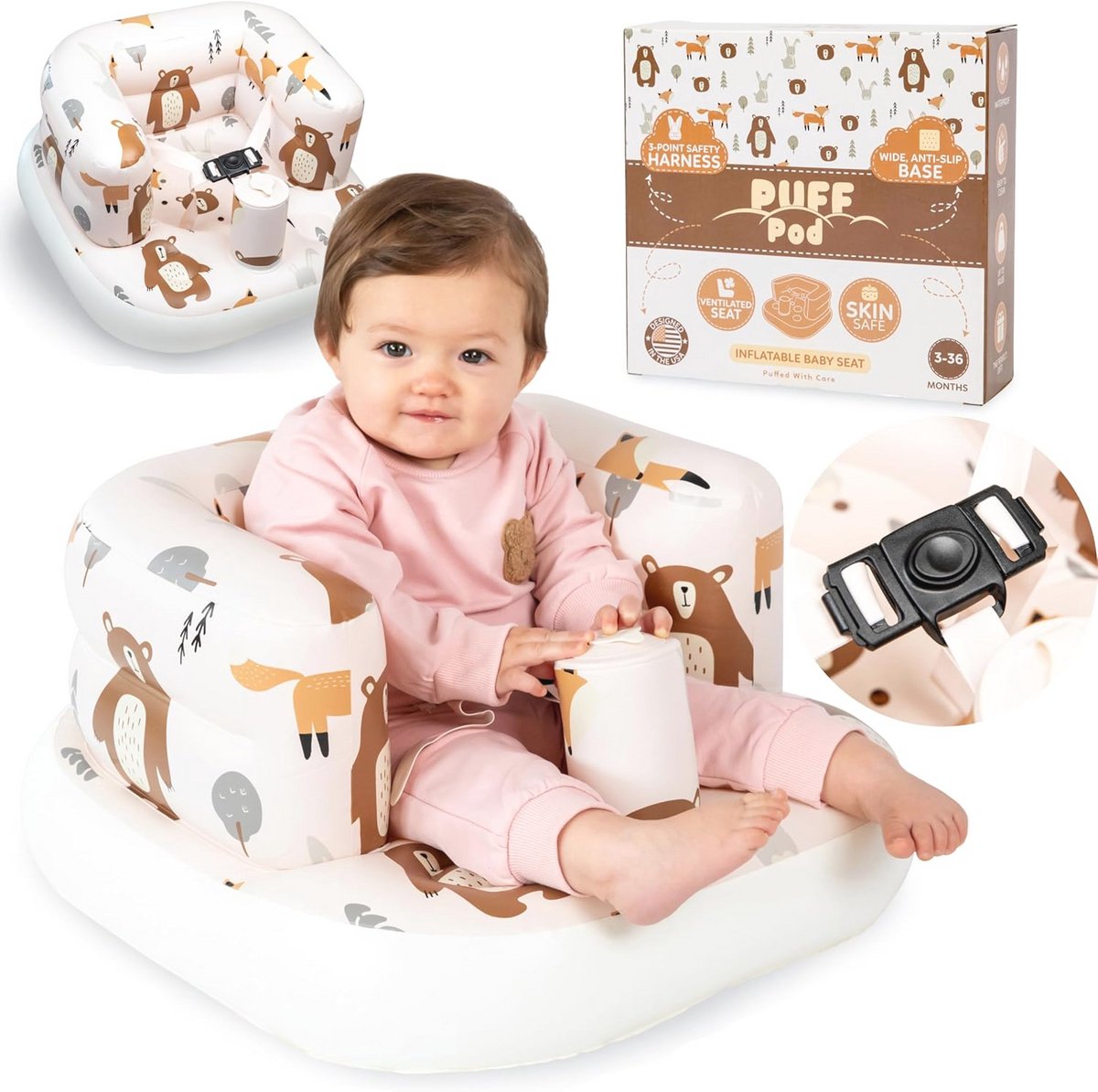 Opblaasbaar babyzitje met veiligheidsharnas en antislipbodem - Draagbaar en comfortabel voor baby's van 3-36 maanden