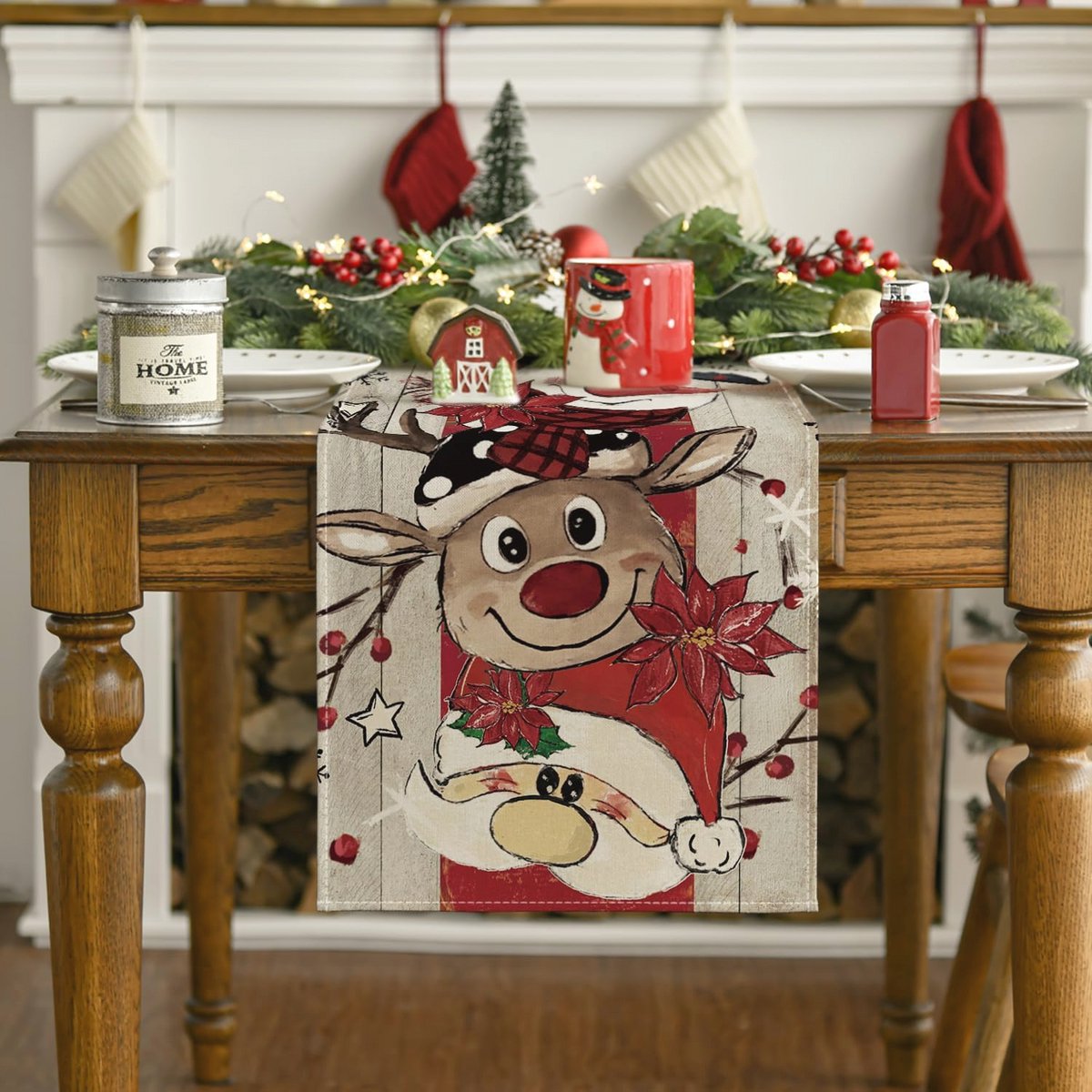 Tafelkleed Sneeuwpop Rendier Kerst Tafelrunner 40x140cm voor Feestdagen