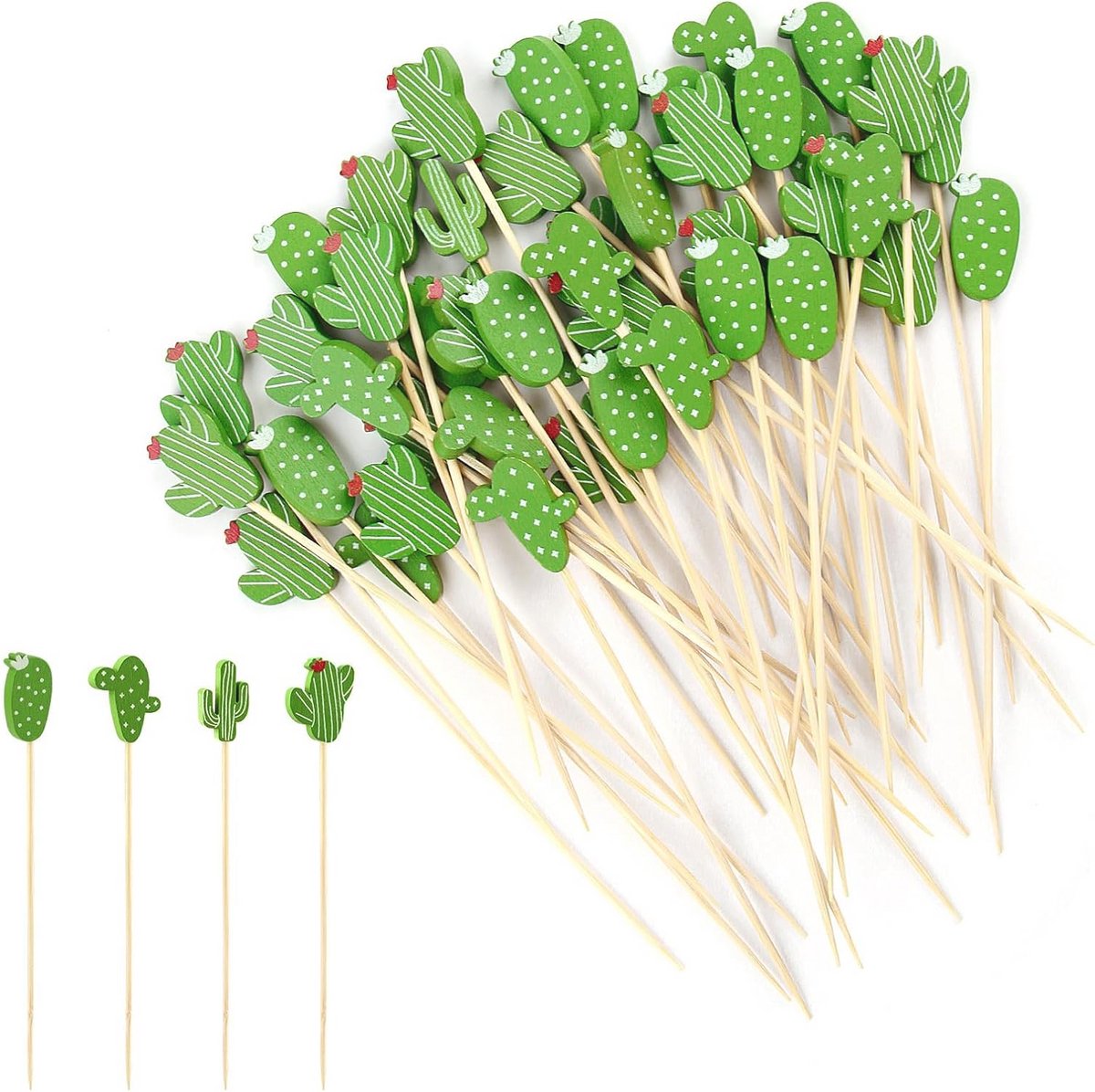100 Stuks Bamboe Cocktailspiesen voor Snacks, Fingerfoods en Fruit - Cactusvormig, 12 cm