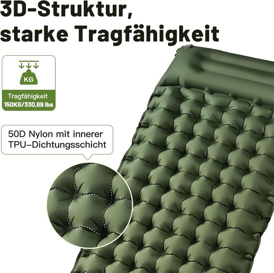 Opblaasbare campingmat - met voetpomp - compact en antislip - waterdicht ontwerp - 10 cm dik - geschikt voor stranden, wandelingen en muziekfestivals van Merkloos — afbeelding 3