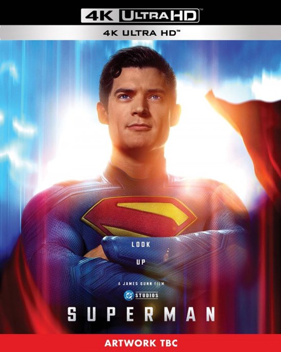 4K Ultra HD Blu-ray hoes met Superman, "LOOK UP" en "SUPERMAN" in witte letters.