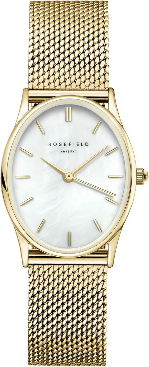 Ovale Dameshorloge met Gouden Kast en Parelmoerwitte Wijzerplaat - Roestvrij Staal