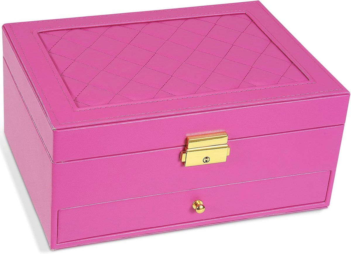 2-Layer Sieraden Doos voor Vrouwen - Organisatoren en Opslag met Verwijderbare Tray - Vintage Gewatteerde Sieradenhouder - Geschenk Idee - Roze