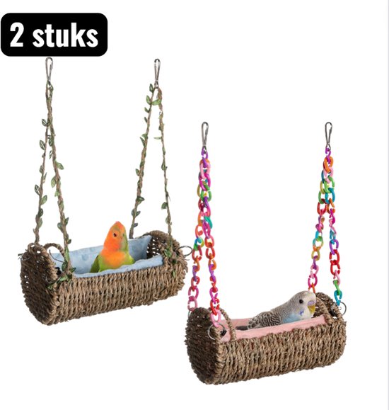 2 stuks - Vogelhuisjes - Gevlochten Vogelhangmat & Nest - Natuurlijke Slaaphut voor Parkieten, Valkparkieten en Papegaaien - Zachte Binnenvoering - Inclusief 2 matten