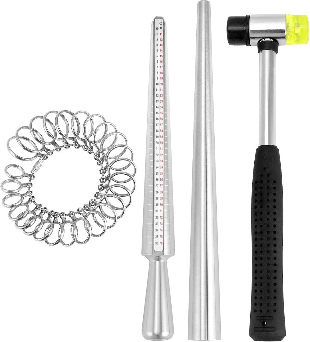 4-delig ringmaatgereedschap set - inclusief ringmaatmaat en rubberen hamer